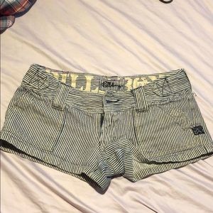 Blue and white striped denim short shorts